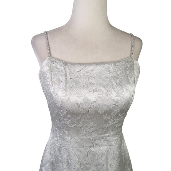 Vintage 80s Dave & Johnny Silver Floral Brocade Jacquard Midi Party Prom Dress - Picture 2 of 8